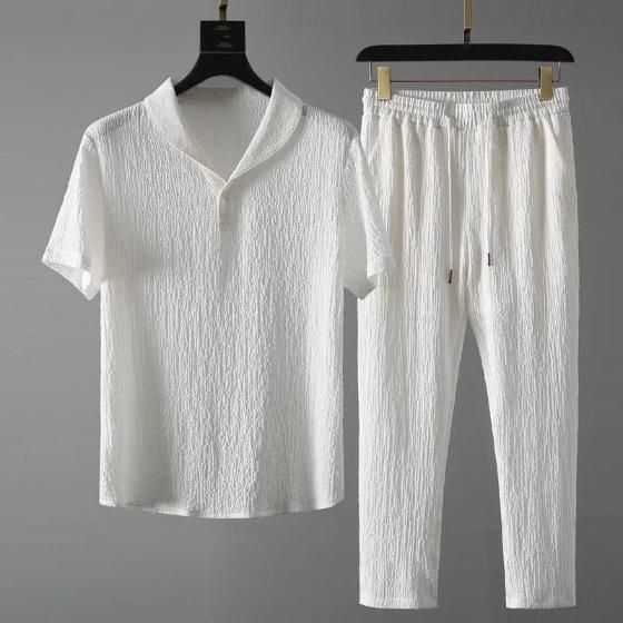 Men's Crinkled Co-Ord Set White Fashion