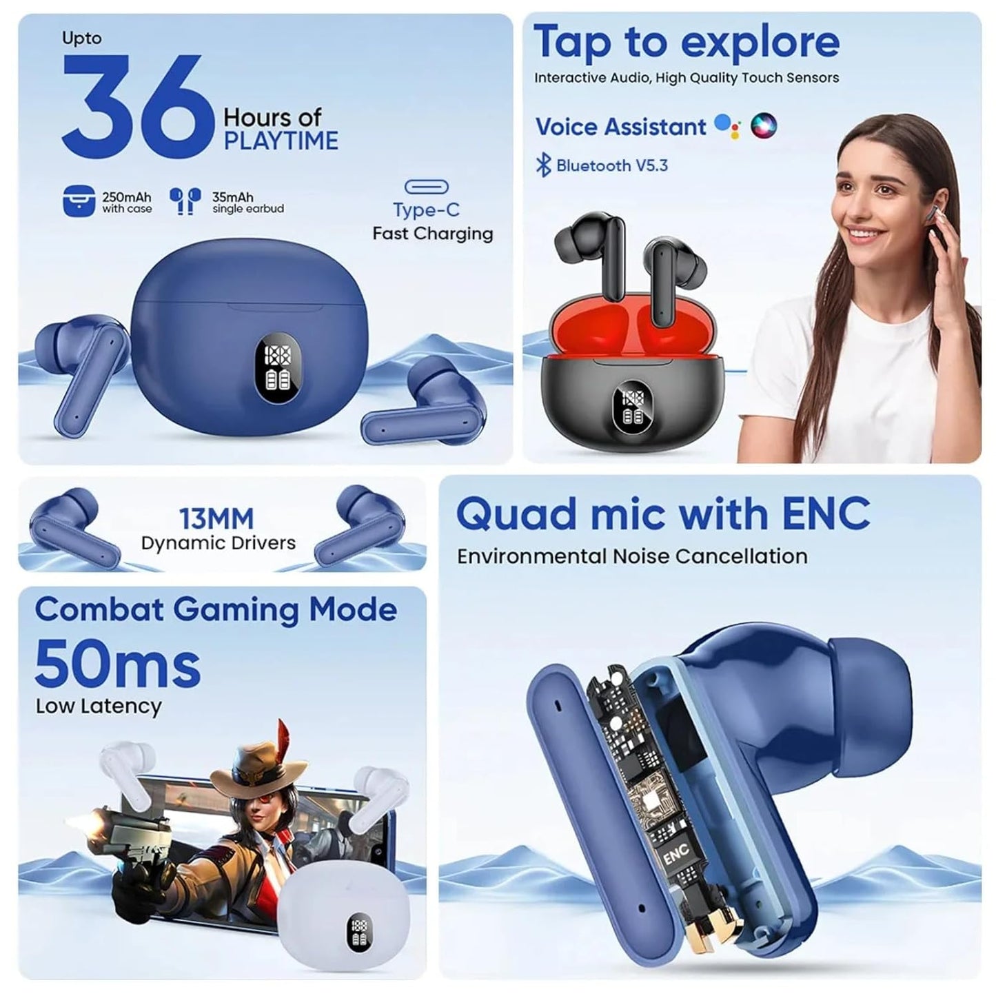YOYO PODS TWS Earbuds with Battery Display, BT 5.3+ENC Wireless Headphone, Upto 36Hrs Playtime, Quick Pairing, Immersive Sound, Touch Control, Fast Charging, IPX4 & Voice Assistance Earpods